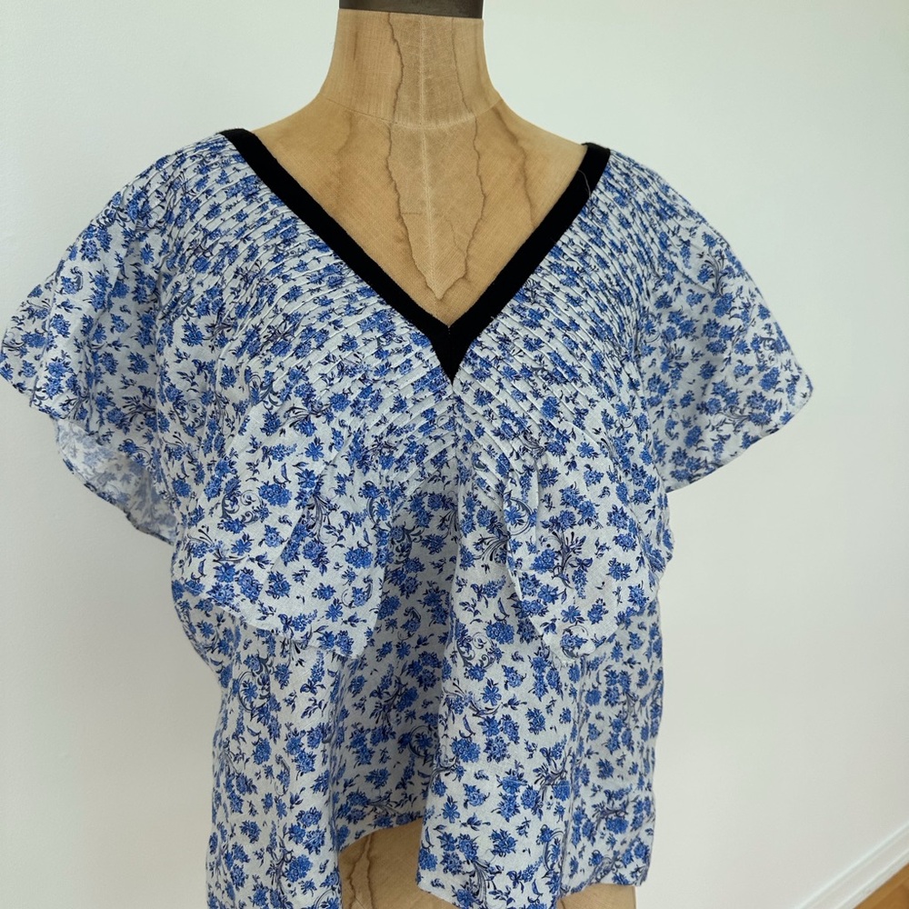 Blue and White Flutter Sleeve Ruffled Blouse